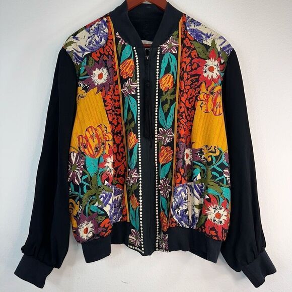 Vintage 80s A.C. Sport Boho Floral Mixed Media Bomber Jacket Womens 16W Artsy - Picture 1 of 13
